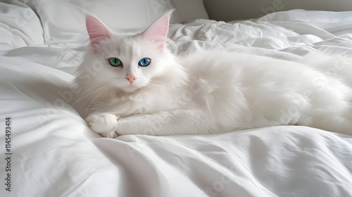 White Angora Cat Resting On White Bedding photo