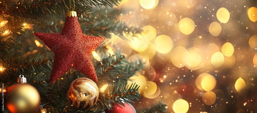 Obraz premium A festive Christmas tree adorned with ornaments and a star, set against a blurred bokeh background.