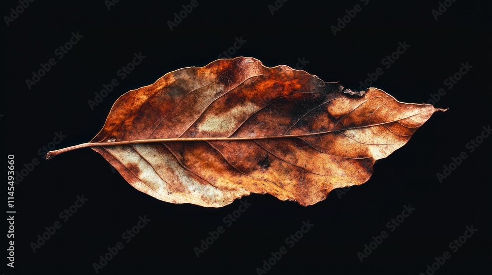 Fototapeta premium Autumn's Embrace: A Single Dried Leaf Against a Black Background