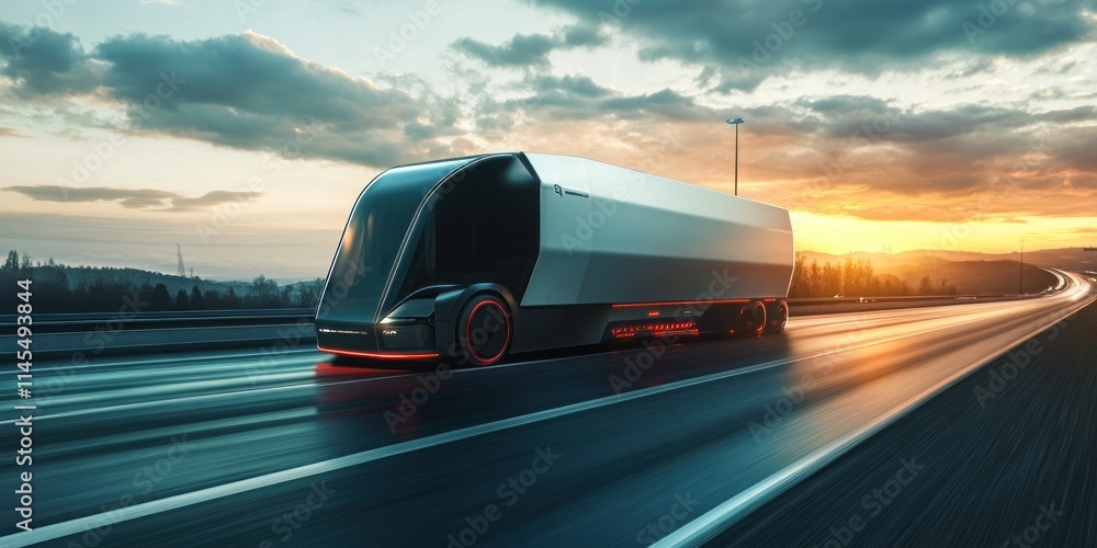 A futuristic truck driving on a highway at sunset, showcasing advanced transport technology. A futuristic truck driving on a highway at sunset, showcasing advanced transport technology.