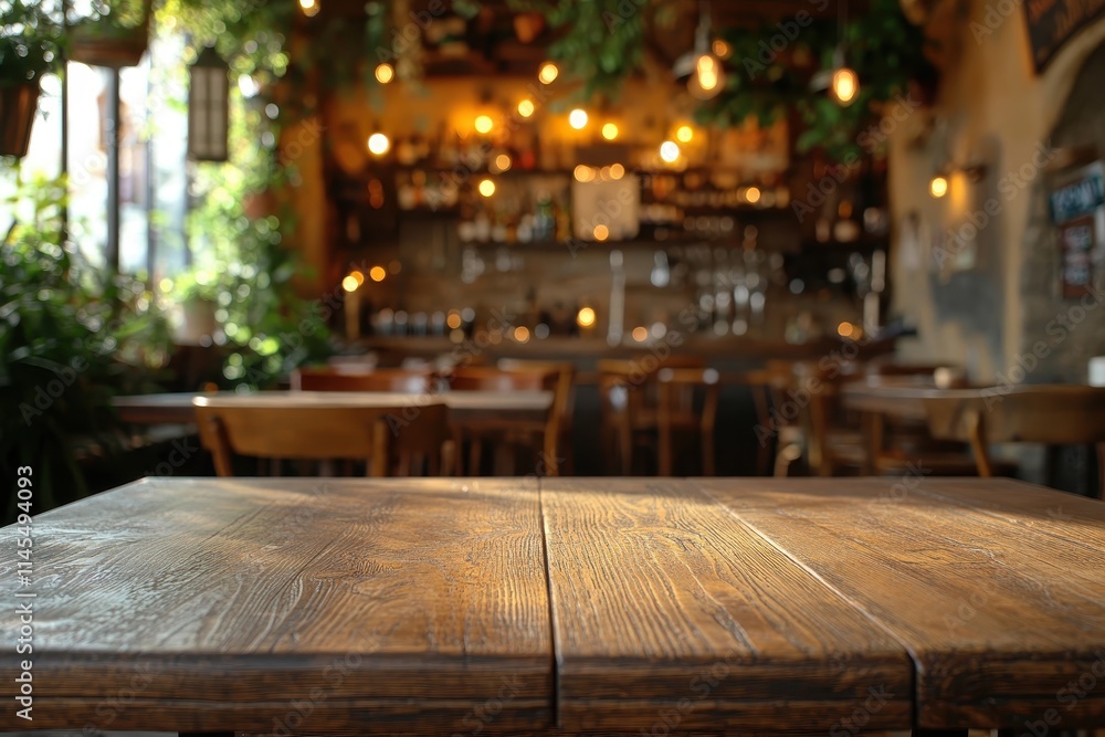 Rustic wooden table in a dimly lit bar. Perfect for showcasing food, drinks, or product placement. Rustic wooden table in a dimly lit bar. Perfect for showcasing food, drinks, or product placement.