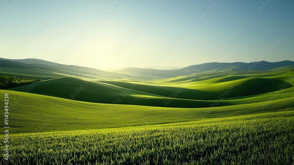 Wilderness valley concept. A serene landscape featuring rolling green hills under a clear blue sky. Wilderness valley concept. A serene landscape featuring rolling green hills under a clear blue sky.