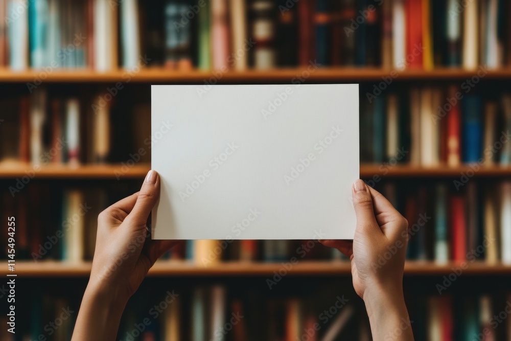 A person holding a blank sheet of paper in front of a bookshelf. A person holding a blank sheet of paper in front of a bookshelf.