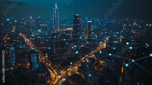 Wallpaper Mural Smart digital Innovation city with connection network reciprocity over the cityscape. of future smart wireless city and social media networking systems that connects business people with in city Torontodigital.ca