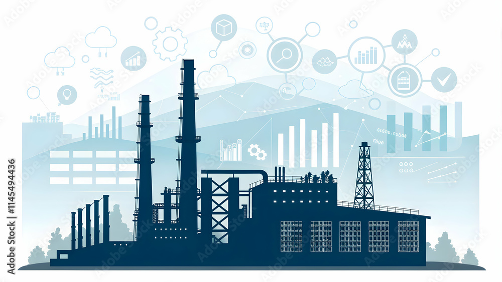 Factory Silhouette with Holographic Data Charts and Copy Space for Industrial Innovation Factory Silhouette with Holographic Data Charts and Copy Space for Industrial Innovation