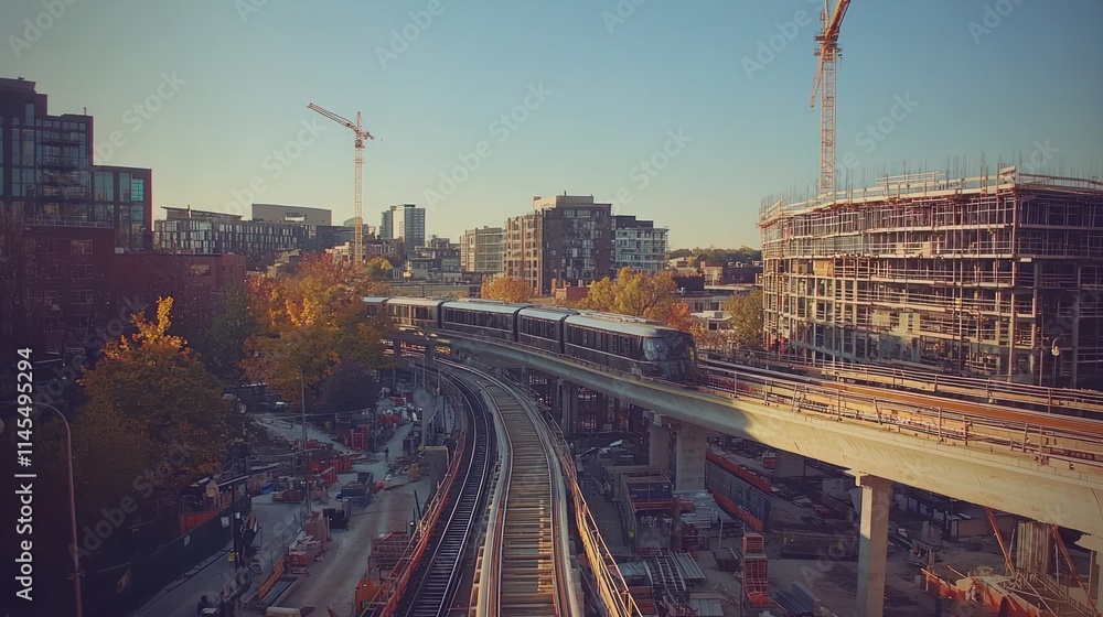Urban scene featuring a train on an elevated track amidst construction and autumn foliage. Urban scene featuring a train on an elevated track amidst construction and autumn foliage.