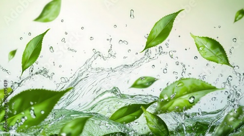 Green tea leaves with drink splash drops. Herbal water wave. Vector refreshing and invigorating dynamic movement of organic