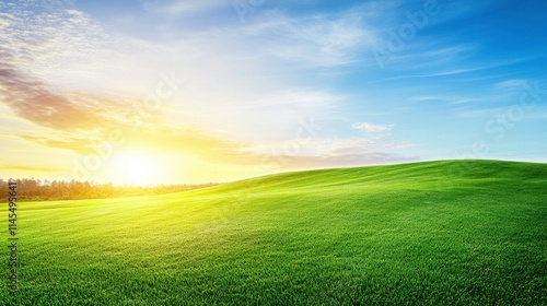 Serene Green Landscape at Sunrise with Blue Sky and Gentle Clouds on a Calm Horizon, Perfect for Nature and Outdoor Themes