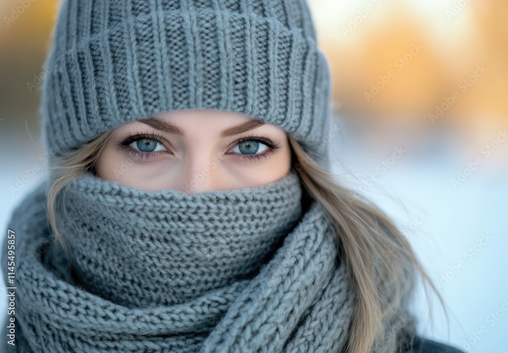Close-Up of a Young Woman in a Cozy Knit Hat and Scarf Against a Winter Backdrop with Beautiful Bright Eyes and Soft Winter Light Close-Up of a Young Woman in a Cozy Knit Hat and Scarf Against a Winter Backdrop with Beautiful Bright Eyes and Soft Winter Light