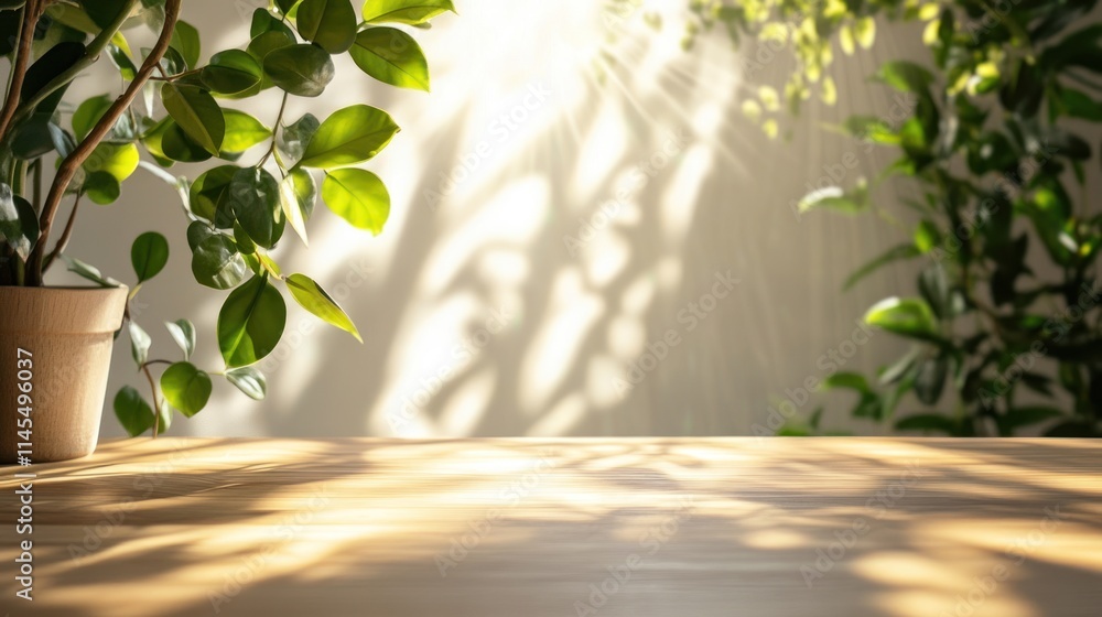 Obraz premium A serene indoor scene with plants and soft light casting shadows on a wooden table.