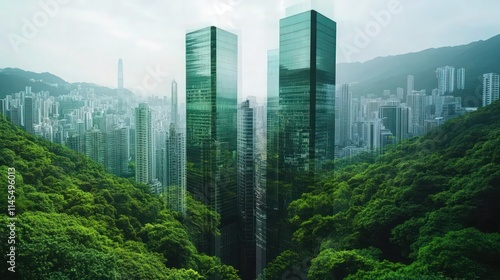 green city - double exposure of lush green forest and modern skyscrapers windows