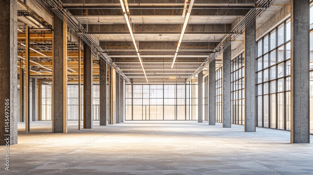 Spacious industrial interior with large windows and concrete pillars for versatile use. Spacious industrial interior with large windows and concrete pillars for versatile use.