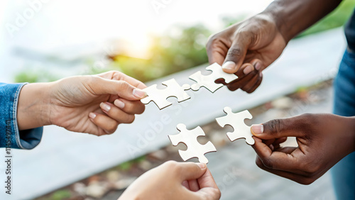 Close up of diverse hands assembling a jigsaw puzzle with copy space concept as A macro image shows hands of different skin tones assembling pieces of a jigsaw puzzle symbolizing teamwork and cooperat photo