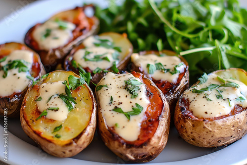 A plate of perfectly baked potatoes with crispy skins, topped with creamy garlic sauce and garnished with fresh herbs, served alongside a simple green salad.