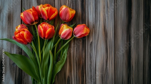 A bouquet of vibrant tulips against a rustic wooden backdrop, close-up shot, Country style