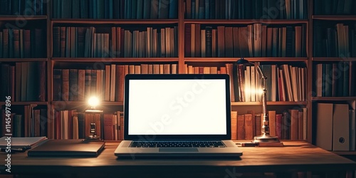 A cozy workspace with a laptop and bookshelves, ideal for reading or writing.