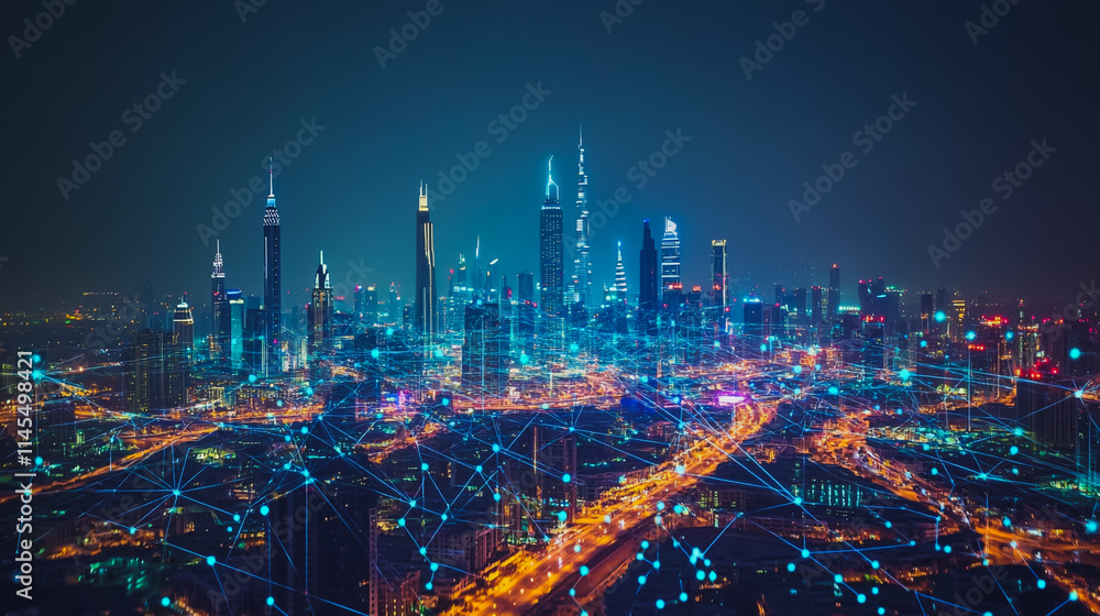 Fototapeta premium Smart digital Innovation city with connection network reciprocity over the cityscape. of future smart wireless city and social media networking systems that connects business people with in city