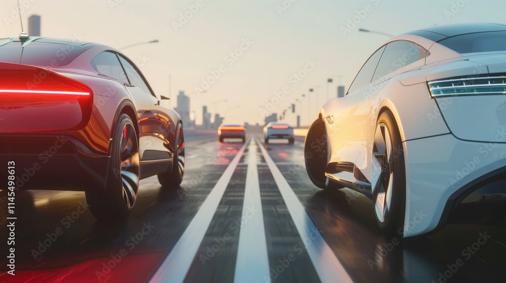 Sleek modern car seamlessly merging with another on futuristic highway, symbolizing technological integration and innovation in automotive design and transportation advancements. Sleek modern car seamlessly merging with another on futuristic highway, symbolizing technological integration and innovation in automotive design and transportation advancements.