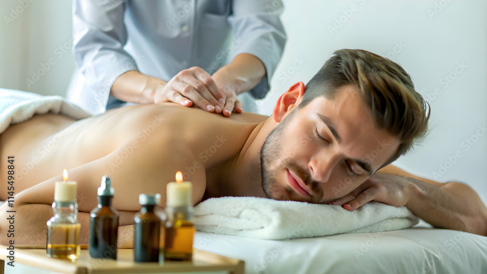 Fototapeta premium Close Up Portrait of Man Enjoying Holistic Massage with Essential Oils