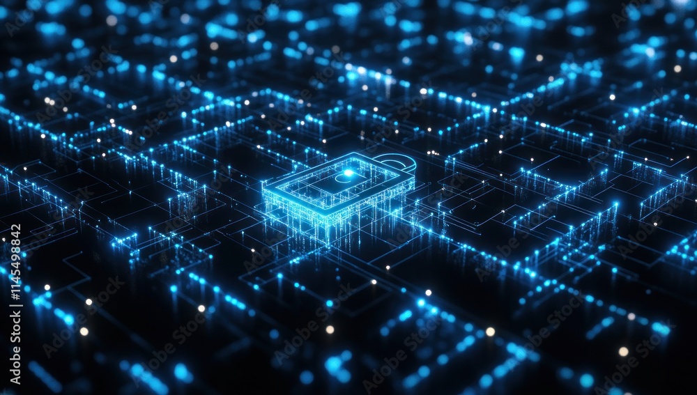 A digital padlock surrounded by glowing data points, symbolizing cybersecurity and protection. A digital padlock surrounded by glowing data points, symbolizing cybersecurity and protection.
