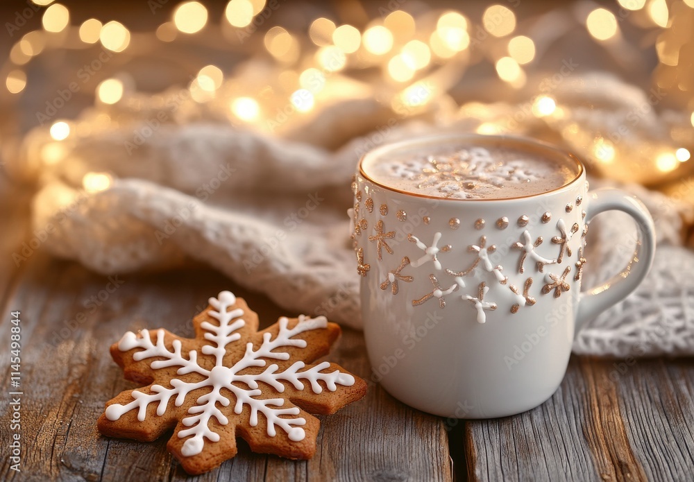 Cozy Winter Scene with Hot Chocolate, Snowflake Cookie, and Twinkling Fairy Lights on Rustic Wooden Table Surrounded by Warm Knit Textures and Holiday Cheer Cozy Winter Scene with Hot Chocolate, Snowflake Cookie, and Twinkling Fairy Lights on Rustic Wooden Table Surrounded by Warm Knit Textures and Holiday Cheer