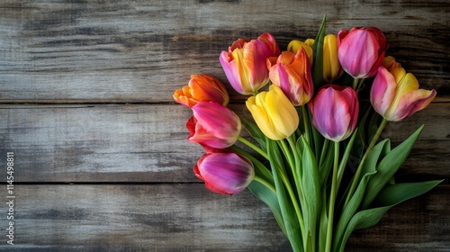 A bouquet of vibrant tulips against a rustic wooden backdrop, close-up shot, Country style