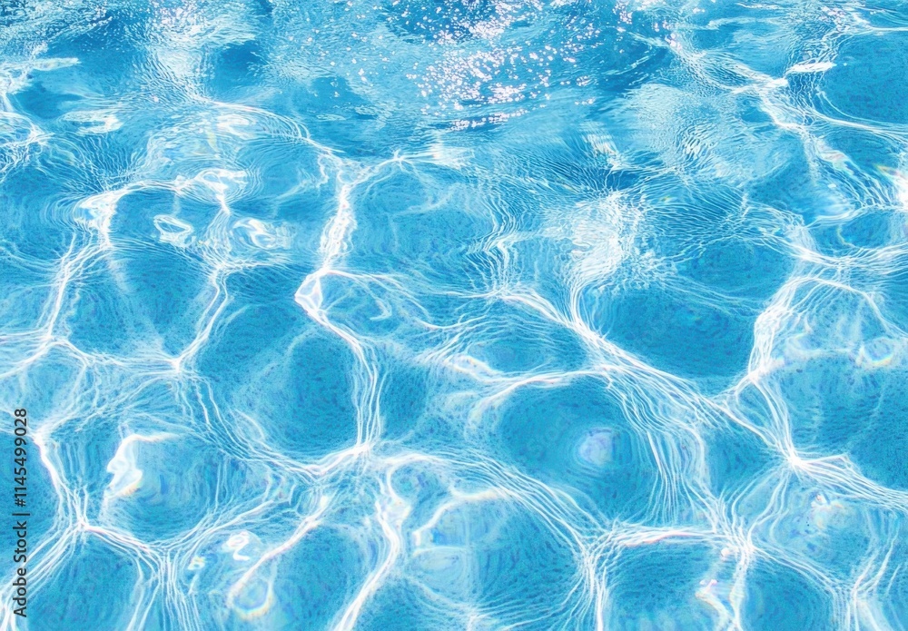 Fototapeta premium Crystal Clear Water Surface of a Swimming Pool with Sunlight Reflections Creating Beautiful Patterns in Vibrant Blue Shades Under a Clear Sky