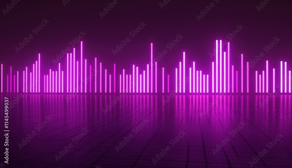 A digital sound wave visualization with vibrant pink bars reflecting on a dark surface. A digital sound wave visualization with vibrant pink bars reflecting on a dark surface.