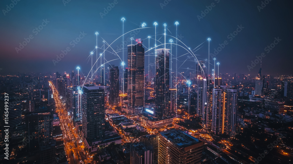 Smart digital Innovation city with connection network reciprocity over the cityscape. of future smart wireless city and social media networking systems that connects business people with in city Smart digital Innovation city with connection network reciprocity over the cityscape. of future smart wireless city and social media networking systems that connects business people with in city
