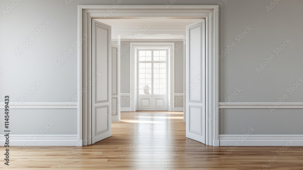 Fototapeta premium A spacious room with open doors leading to a bright area illuminated by natural light.