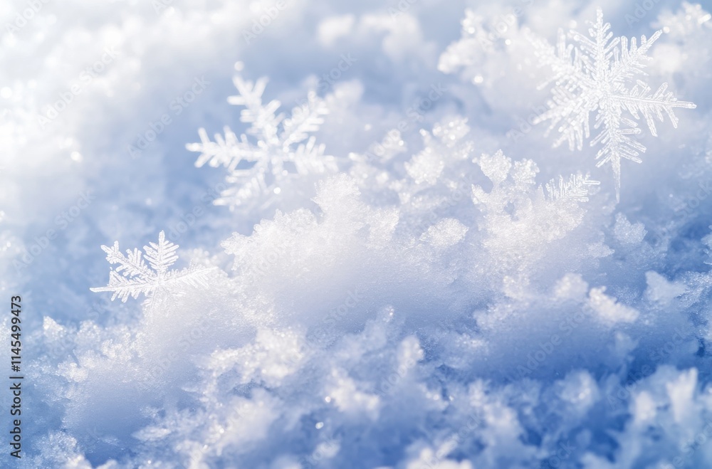 Delicate Snowflakes on Soft, Fluffy Snow Surface Creating a Serene Winter Wonderland Scene Under Bright Blue Sky Light Delicate Snowflakes on Soft, Fluffy Snow Surface Creating a Serene Winter Wonderland Scene Under Bright Blue Sky Light