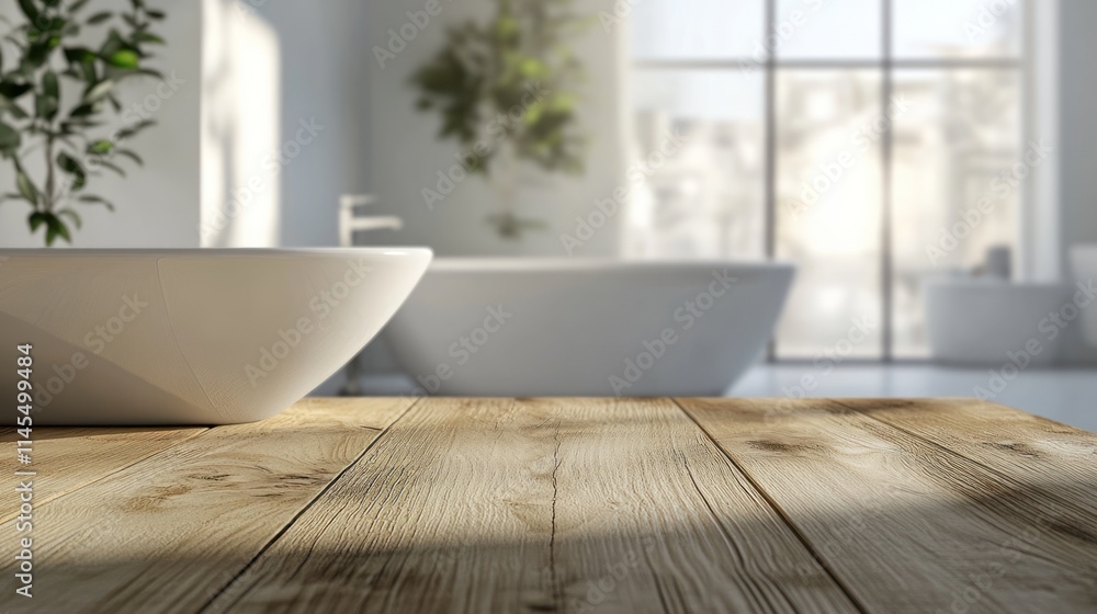 A serene bathroom interior featuring a wooden table and modern bathtub design. A serene bathroom interior featuring a wooden table and modern bathtub design.