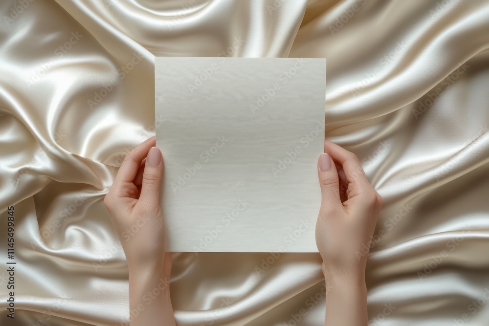 Hands holding a blank sheet of paper on a smooth, elegant fabric background. Hands holding a blank sheet of paper on a smooth, elegant fabric background.