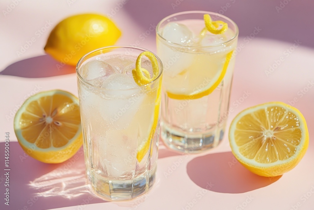Fototapeta premium Two refreshing lemonades with ice and lemon slices on a pink background.