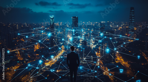Smart digital Innovation city with connection network reciprocity over the cityscape. of future smart wireless city and social media networking systems that connects business people with in city