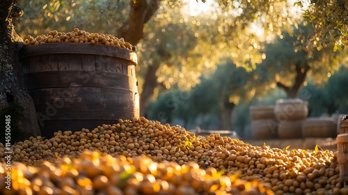 Golden Olives Harvested in a Wooden Barrel at Sunset photo