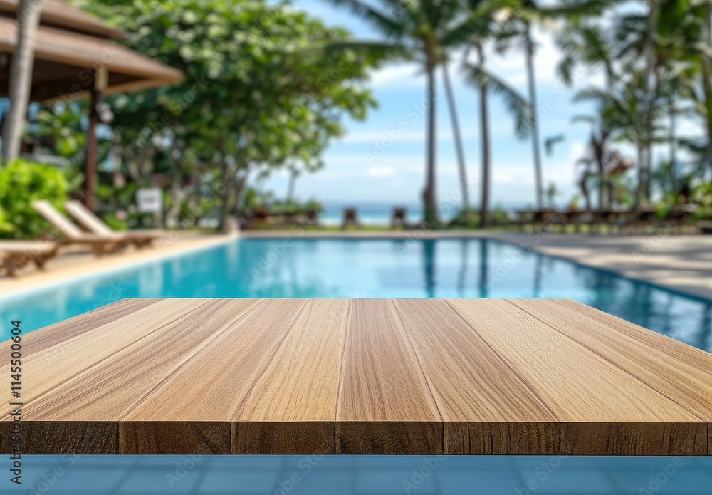 Obraz premium Elegant wooden table with a blurred tropical pool and lush greenery in the background, perfect for vacation or relaxation-themed designs and marketing materials.