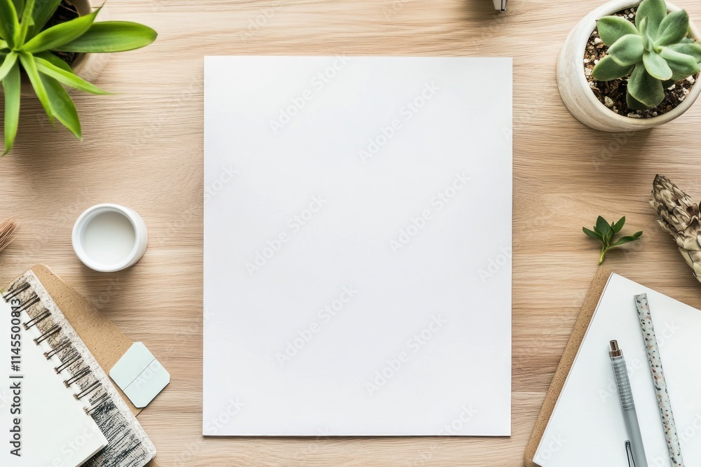 A clean workspace featuring blank paper, plants, and stationery for creative tasks. A clean workspace featuring blank paper, plants, and stationery for creative tasks.