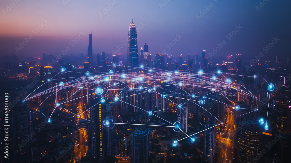 custom made wallpaper toronto digitalSmart digital Innovation city with connection network reciprocity over the cityscape. of future smart wireless city and social media networking systems that connects business people with in city