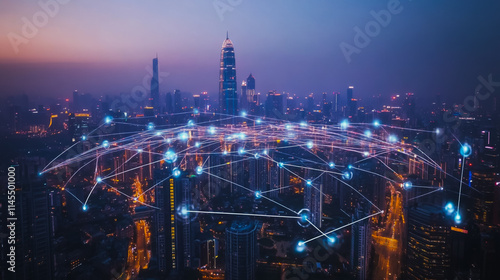 Wallpaper Mural Smart digital Innovation city with connection network reciprocity over the cityscape. of future smart wireless city and social media networking systems that connects business people with in city Torontodigital.ca