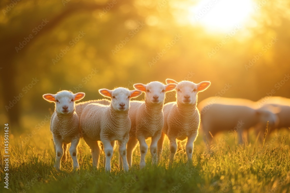 Four lambs standing in a sunlit field during golden hour. Four lambs standing in a sunlit field during golden hour.