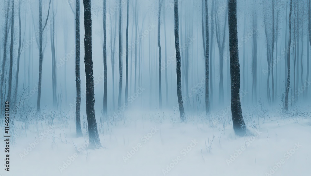 Enigmatic Winter Forest Scene with Misty Atmosphere and Bare Trees, Evoking a Sense of Peace and Isolation in a Snow-Covered Landscape Enigmatic Winter Forest Scene with Misty Atmosphere and Bare Trees, Evoking a Sense of Peace and Isolation in a Snow-Covered Landscape