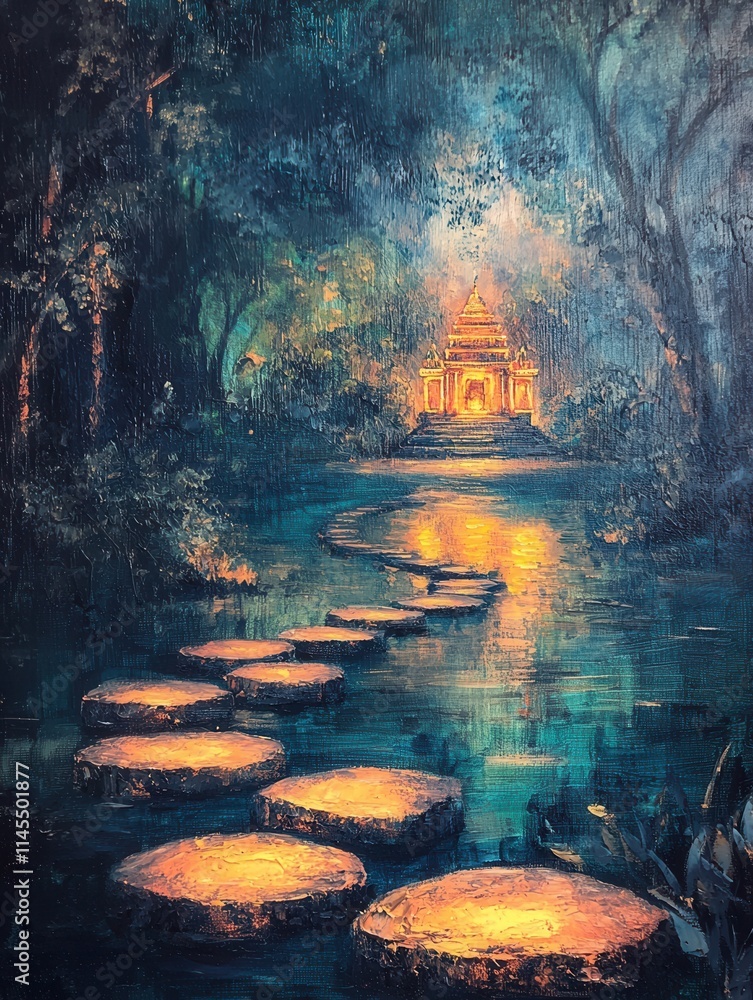 Mind concept for creative planning and visualization process. Serene path leading to a glowing temple amidst lush greenery