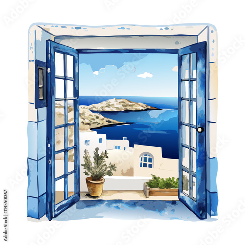 Vintage illustration with blue window sea greece watercolor illustration (1)