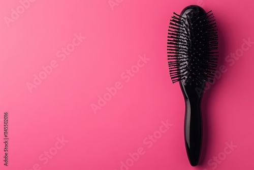 Black paddle hairbrush on pink background. Ideal for beauty, haircare, and styling related projects. photo