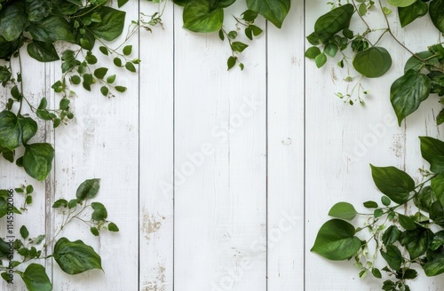 A serene arrangement of green leaves on a white wooden background, ideal for nature-themed designs.
