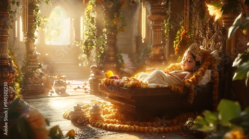 Divine Child Reclining In Ornate Bed Golden Setting