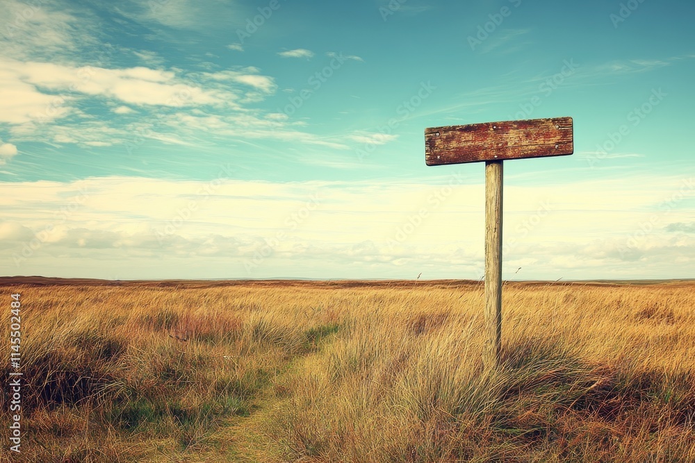 Rustic wooden signpost in a vast, golden field under a partly cloudy sky. Perfect for travel, adventure, or direction concepts; evokes a sense of journey and exploration. Rustic wooden signpost in a vast, golden field under a partly cloudy sky. Perfect for travel, adventure, or direction concepts; evokes a sense of journey and exploration.