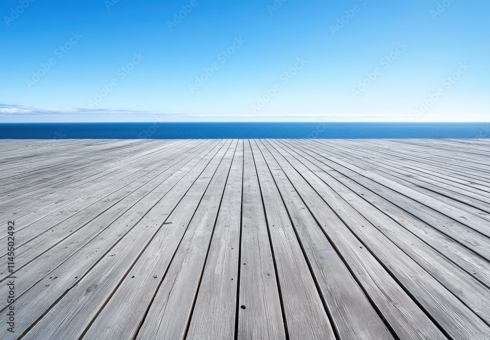 Expansive Coastal View with Wooden Deck Overlooking Calm Sea and Clear Blue Sky on a Sunny Day, Ideal for Relaxation and Serenity Expansive Coastal View with Wooden Deck Overlooking Calm Sea and Clear Blue Sky on a Sunny Day, Ideal for Relaxation and Serenity