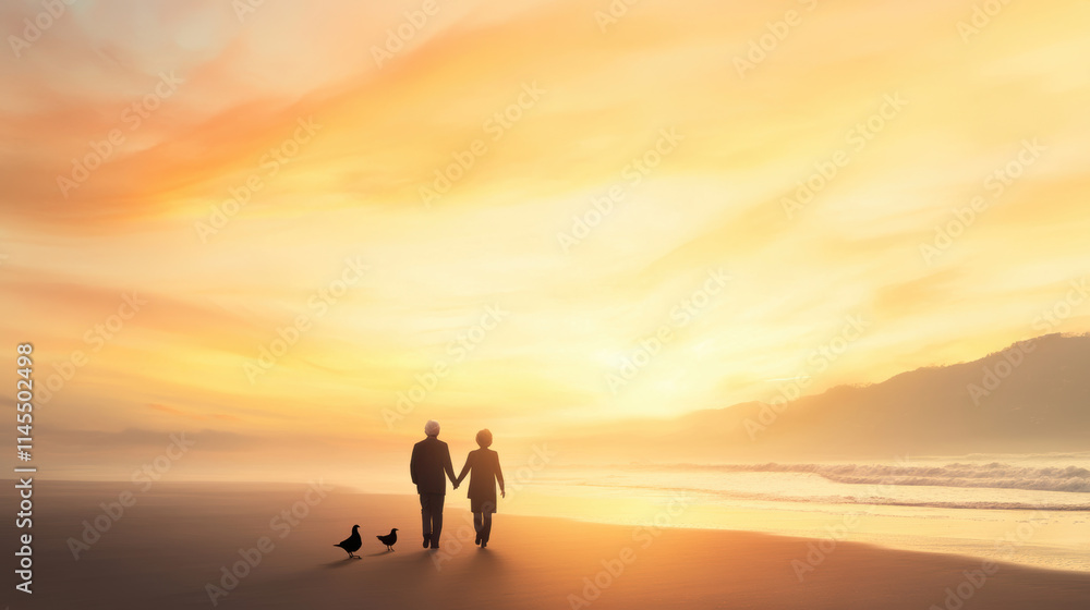 Fototapeta premium Elderly couple walking hand in hand along beach at sunset